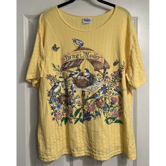 Vintage 90s Basic Editions Bird House Garden Flowers T Shirt Womens Sz 1X Yellow - Picture 1 of 9